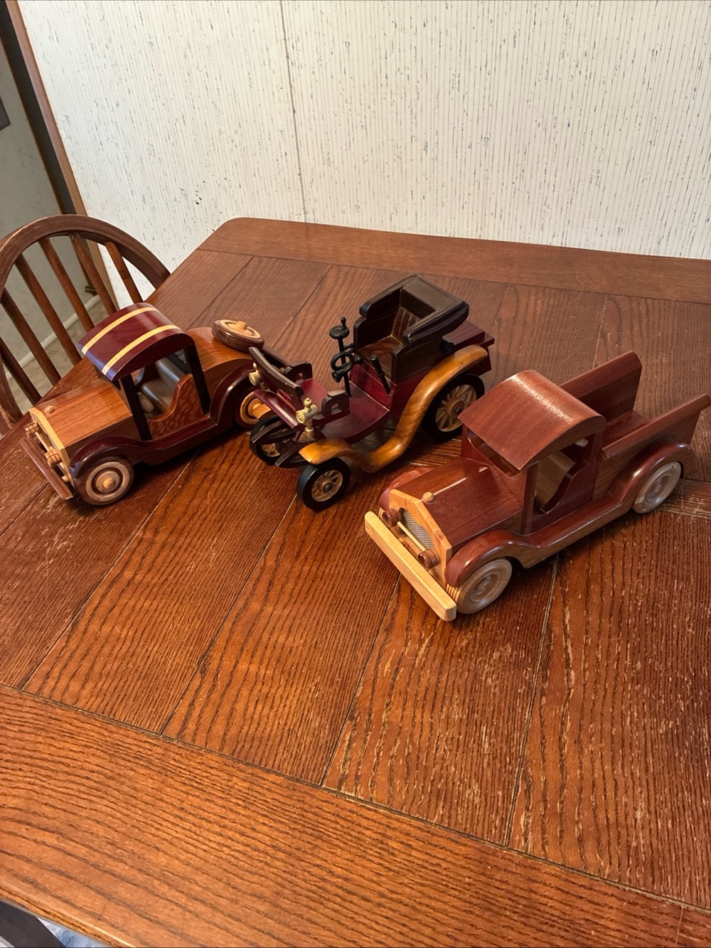 Handmade Wooden Antique Cars 11”- 13” Rolling Wheels-Lot Of 3